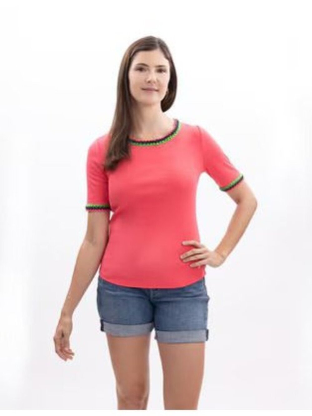 Nautica Womens Cotton Crochet-Trim short-sleeved T-shirt Rouge Red Size XL NWT